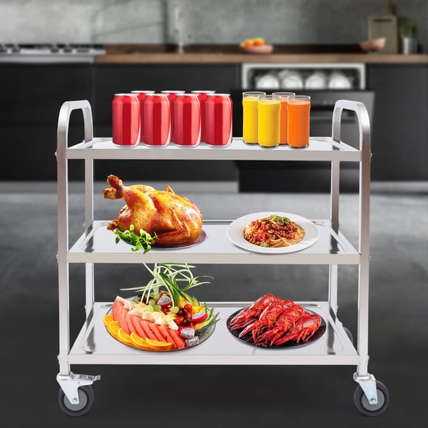 Serveringsvogn/Køkkenvogn - Rustfrit stål - 3 hylder - 20 kg pr. hylde - Hjul med bremse - Håndtag - Til køkken og kontor
