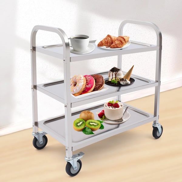 Serveringsvogn/Køkkenvogn - Rustfrit stål - 3 hylder - 20 kg pr. hylde - Hjul med bremse - Håndtag - Til køkken og kontor