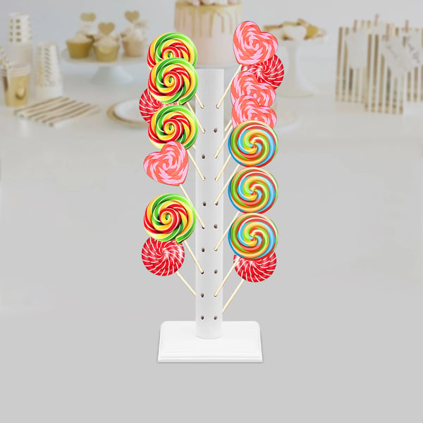 Slikkepind- & cake pop-holder - Displaystativ - 62 huller - Træ - Let at samle - Til fest, fødselsdag & Halloween - Hvid