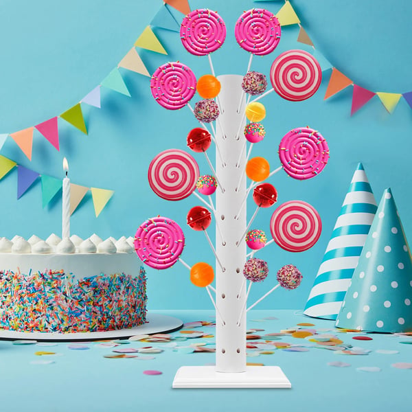 Slikkepind- & cake pop-holder - Displaystativ - 62 huller - Træ - Let at samle - Til fest, fødselsdag & Halloween - Hvid