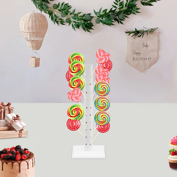 Slikkepind- & cake pop-holder - Displaystativ - 62 huller - Træ - Let at samle - Til fest, fødselsdag & Halloween - Hvid