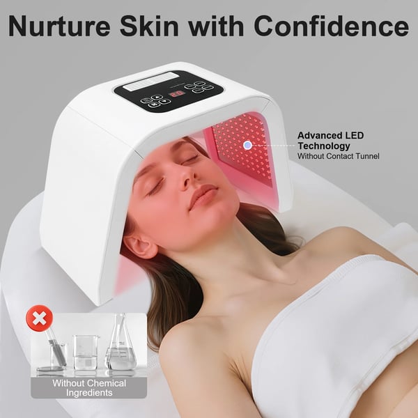 LED Ansigtsmaske - 7-farvet Lysterapi - Hudopstramning - Timer 5–60 min - Elektrisk - Størrelse 48×31×23 cm - Hvid