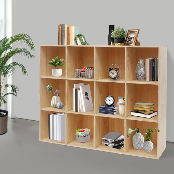 Kuutiöhylly - Kirjahylly/Esittelyhylly - 12 Lokeroa - 3 Tasoa - 120×30×90 cm - Massiivipuu + Muovi - Kantavuus 100 kg - Kokoaminen Vaaditaan