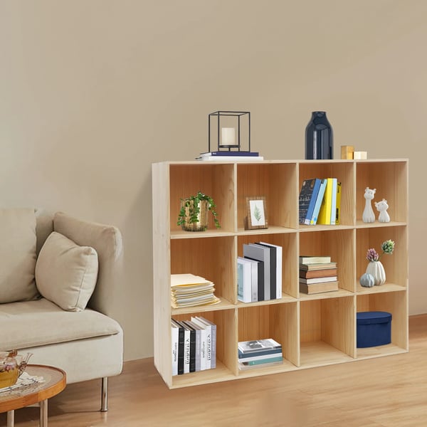 Kuutiöhylly - Kirjahylly/Esittelyhylly - 12 Lokeroa - 3 Tasoa - 120×30×90 cm - Massiivipuu + Muovi - Kantavuus 100 kg - Kokoaminen Vaaditaan