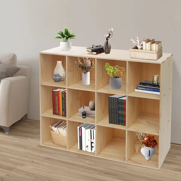 Kuutiöhylly - Kirjahylly/Esittelyhylly - 12 Lokeroa - 3 Tasoa - 120×30×90 cm - Massiivipuu + Muovi - Kantavuus 100 kg - Kokoaminen Vaaditaan