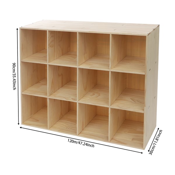 Kuutiöhylly - Kirjahylly/Esittelyhylly - 12 Lokeroa - 3 Tasoa - 120×30×90 cm - Massiivipuu + Muovi - Kantavuus 100 kg - Kokoaminen Vaaditaan