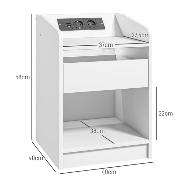 Sängbord - Nattduksbord - LED-belysning - Låda - Hylla - Laddningsstation med USB-portar - Fjärrkontroll - 40x40x58 cm - Vit