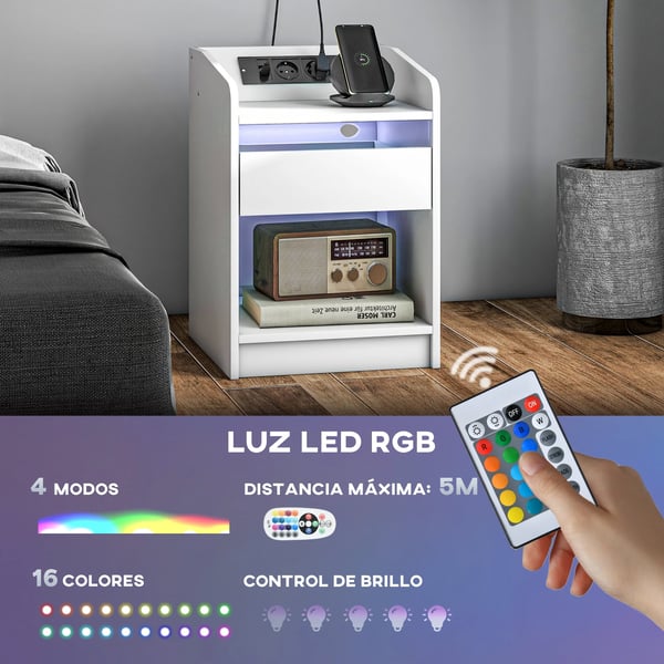 Sängbord - Nattduksbord - LED-belysning - Låda - Hylla - Laddningsstation med USB-portar - Fjärrkontroll - 40x40x58 cm - Vit