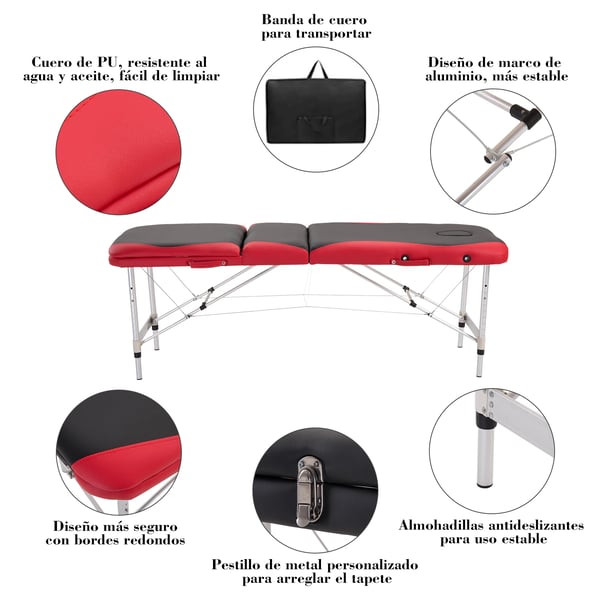 Massagebord - Hopfällbart behandlingsbord - Träram - 185 x 60 cm - För salong/klinik - Röd