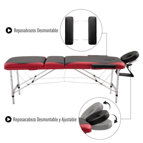 Massagebord - Hopfällbart behandlingsbord - Träram - 185 x 60 cm - För salong/klinik - Röd