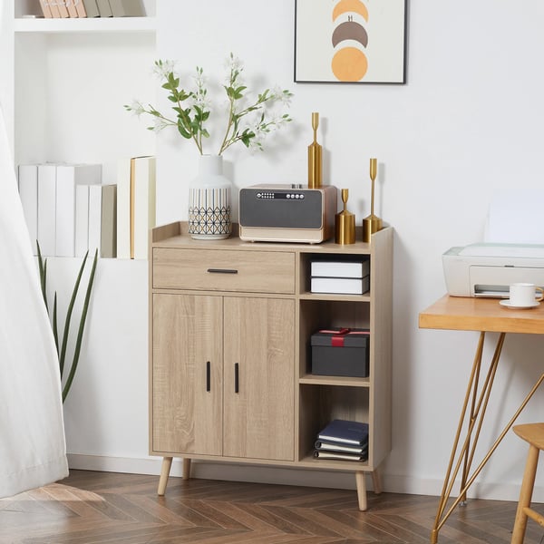 Skänk Sideboard - Vardagsrumsskåp - 2 Dörrar - 1 Låda - 3 Öppna Hyllor - 80×30×96,5 cm - Melaminbelagt Trä - Modern Design - Beige
