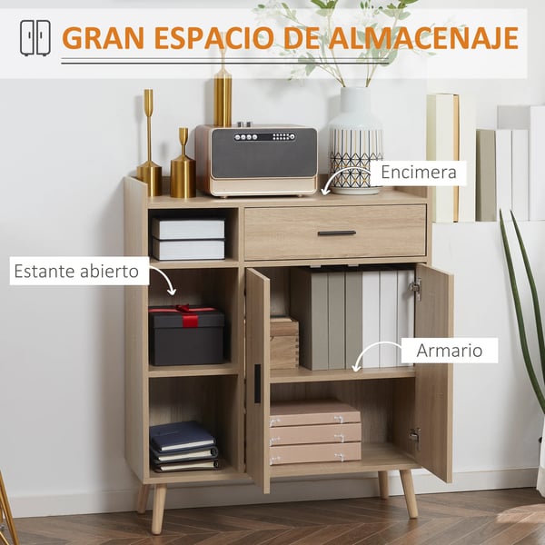 Skänk Sideboard - Vardagsrumsskåp - 2 Dörrar - 1 Låda - 3 Öppna Hyllor - 80×30×96,5 cm - Melaminbelagt Trä - Modern Design - Beige