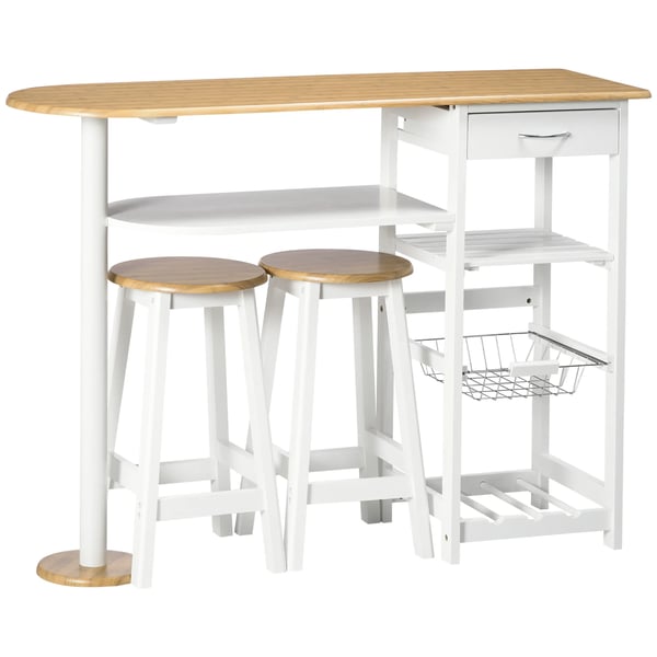 Barbordset - Högt bord med 2 barpallar - Låda och 2 hyllor - Avtagbar korg - Flaskställ - MDF & stål - Mått bord 119x38,5x88,5 cm, pallar 29x29x55 cm