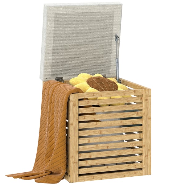Sittpuff med Förvaring - Ottoman/Pall - Volym 54,7 L - Avtagbart Lock - Bambustomme - Syntetiskt Linnetyg - Mått 40×40×47 cm - Grå & Natur