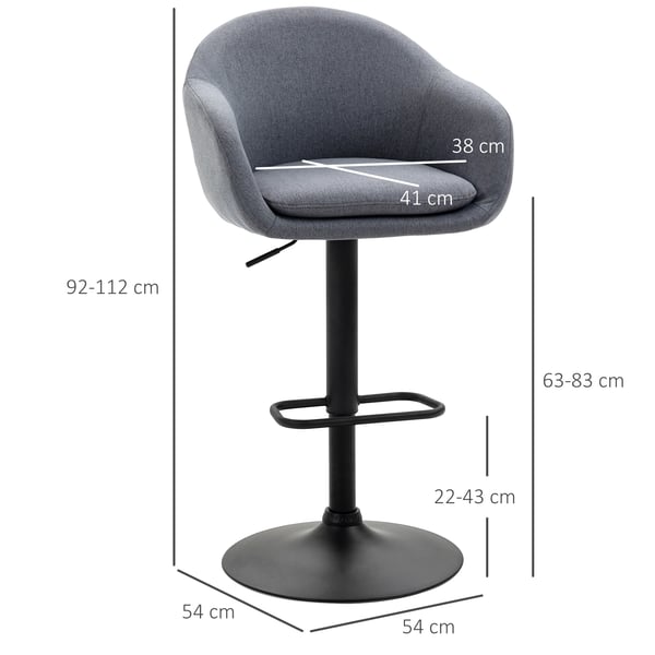 Barstol - Höj- och sänkbar - Tygklädd - Med Fotstöd - Stålben - Max 110 kg - Storlek 54 x 54 x 112 cm - Mörkgrå