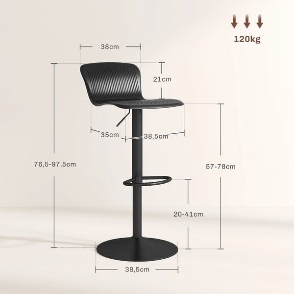 Set med 2 höga köksstolar - Barstolar - Snurrbar 360°, Höjdjusterbar, Ryggstöd, Max 120 kg - Svart