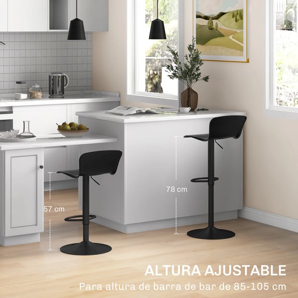 Set med 2 höga köksstolar - Barstolar - Snurrbar 360°, Höjdjusterbar, Ryggstöd, Max 120 kg - Svart