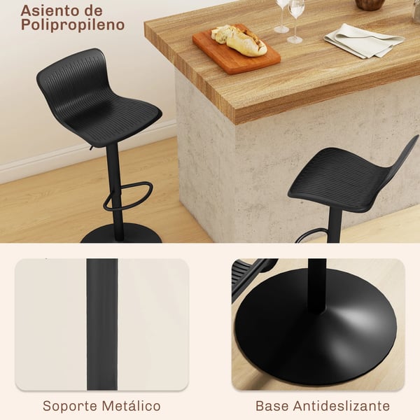 Set med 2 höga köksstolar - Barstolar - Snurrbar 360°, Höjdjusterbar, Ryggstöd, Max 120 kg - Svart