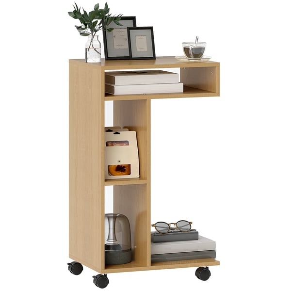 Sidobord för soffa - C-formad - Med hjul - Öppna fack - 40×30×69 cm - Melamin - Mörk khaki