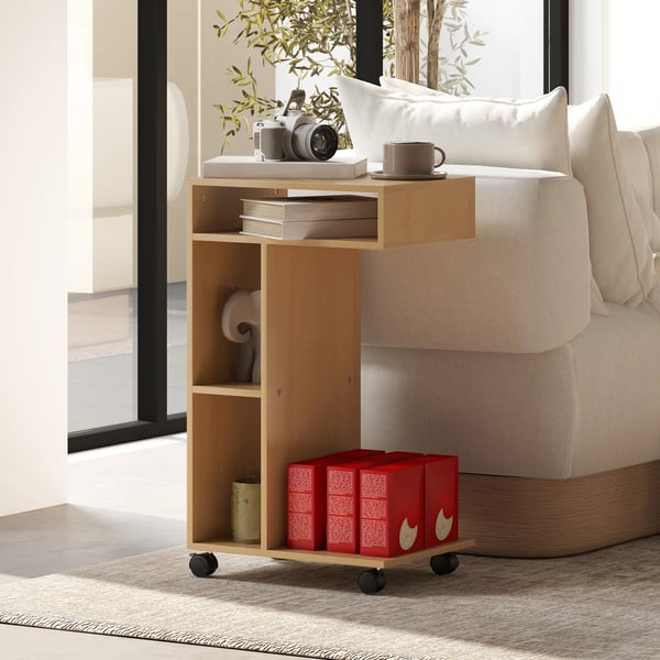 Sidobord för soffa - C-formad - Med hjul - Öppna fack - 40×30×69 cm - Melamin - Mörk khaki
