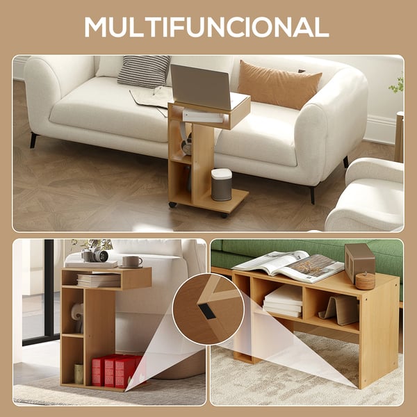 Sidobord för soffa - C-formad - Med hjul - Öppna fack - 40×30×69 cm - Melamin - Mörk khaki