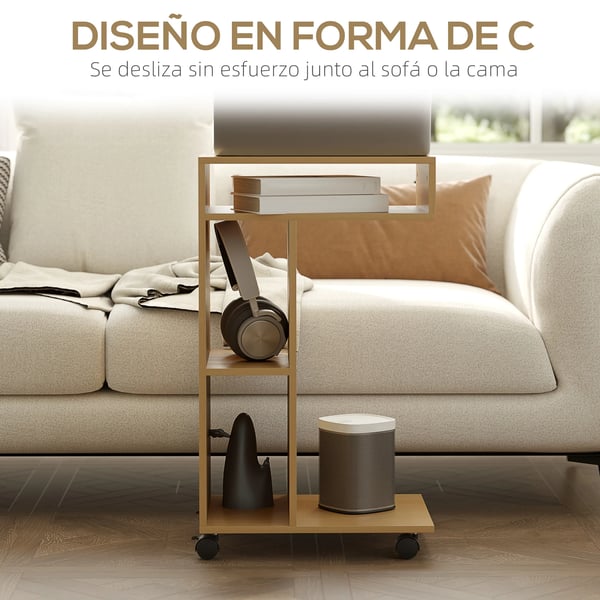 Sidobord för soffa - C-formad - Med hjul - Öppna fack - 40×30×69 cm - Melamin - Mörk khaki