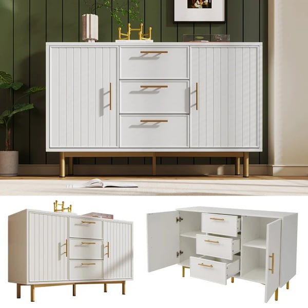 Opbevaringsskab - Skænk/Sideboard - 2 døre, 3 skuffer - Fritstående - Til stuen - H 75 x B 120 x D 40 cm - Hvid
