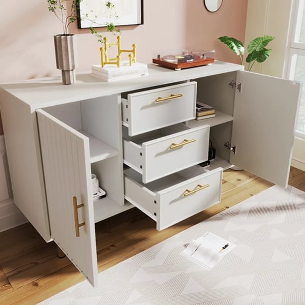 Opbevaringsskab - Skænk/Sideboard - 2 døre, 3 skuffer - Fritstående - Til stuen - H 75 x B 120 x D 40 cm - Hvid