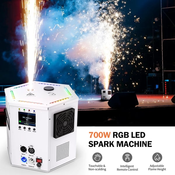 Kold gnistmaskine - 700W DMX Effektlys - Sprøjtehøjde 2–5,5 m - 4 Niveauer - 9 DMX-kanaler - DMX/Fjernbetjening/Master-Slave - RGB LED - Flerfarvet
