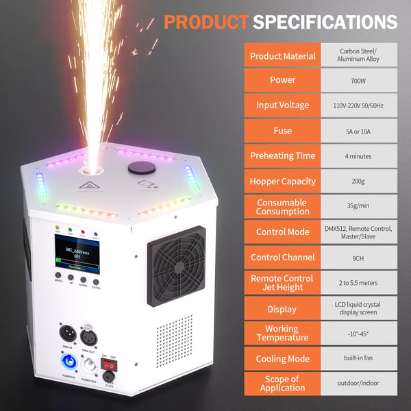 Kylmäkipinäkone - 700W DMX Tehostevalo - Suihkukorkeus 2–5,5 m - 4 Tasoa - 9 DMX-kanavaa - DMX/Kaukosäädin/Master-Slave - RGB LED - Monivärinen