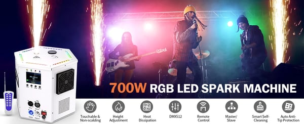 Kylmäkipinäkone - 700W DMX Tehostevalo - Suihkukorkeus 2–5,5 m - 4 Tasoa - 9 DMX-kanavaa - DMX/Kaukosäädin/Master-Slave - RGB LED - Monivärinen