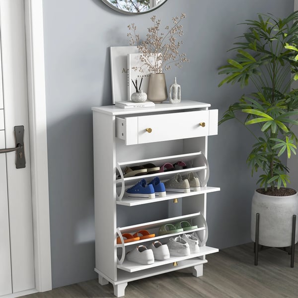 Skoskåp - Smal skoförvaring - 2 vippdörrar - 1 låda - Rymmer 8 par - MDF & melamin - 60×23,5×98,5 cm - Vit