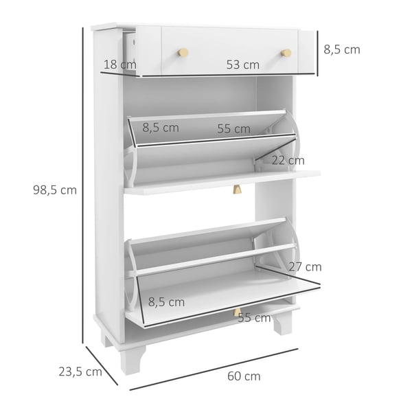 Skoskåp - Smal skoförvaring - 2 vippdörrar - 1 låda - Rymmer 8 par - MDF & melamin - 60×23,5×98,5 cm - Vit
