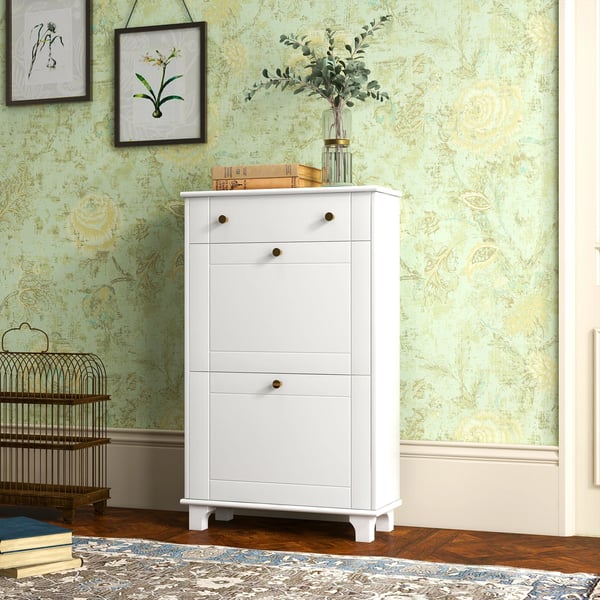 Skoskåp - Smal skoförvaring - 2 vippdörrar - 1 låda - Rymmer 8 par - MDF & melamin - 60×23,5×98,5 cm - Vit