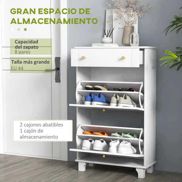 Skoskåp - Smal skoförvaring - 2 vippdörrar - 1 låda - Rymmer 8 par - MDF & melamin - 60×23,5×98,5 cm - Vit