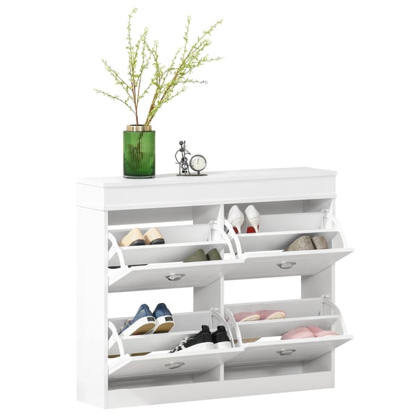 Skoskåp - Skåp med 4 dörrar - Smal design - Rymmer 32 par - 98×24×83 cm - För hall/entré - Vit