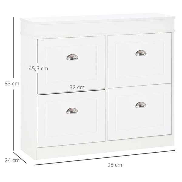 Skoskåp - Skåp med 4 dörrar - Smal design - Rymmer 32 par - 98×24×83 cm - För hall/entré - Vit
