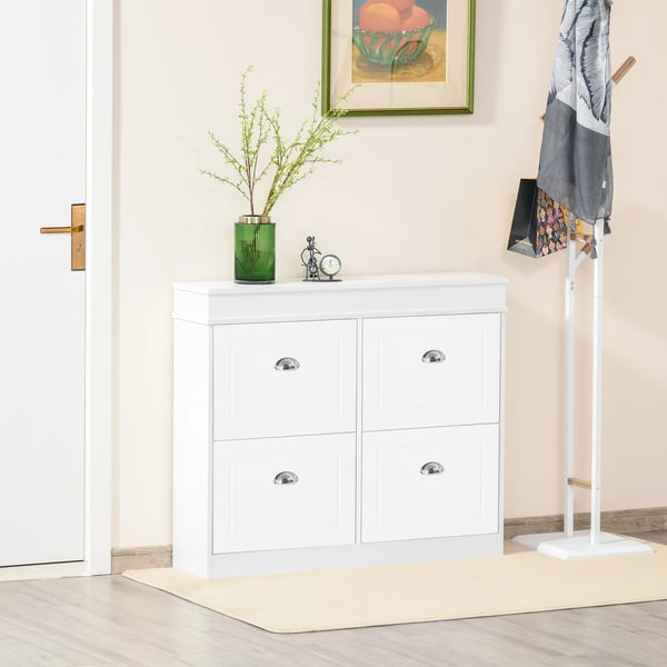 Skoskåp - Skåp med 4 dörrar - Smal design - Rymmer 32 par - 98×24×83 cm - För hall/entré - Vit