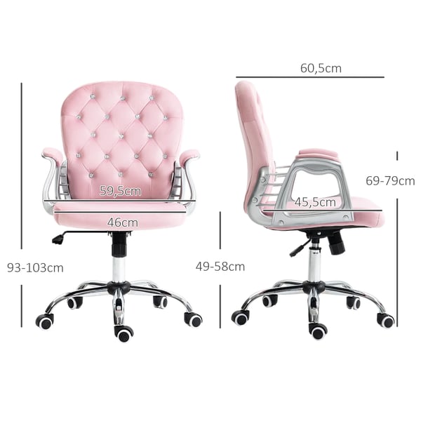 Sammet Skrivbordsstol - Kontorsstol - Höjdjusterbara Armstöd - Diamantdekorationer - Mått 59,5 x 60,5 x 93–103 cm - Rosa