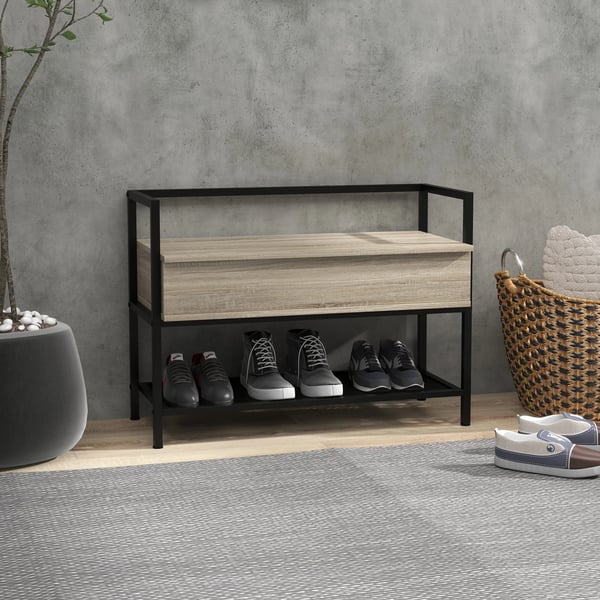 Hallbänk - Skobänk - Fällbart lock - Dolt fack - Gallerhylla - 84 x 39,5 x 61 cm - Ek