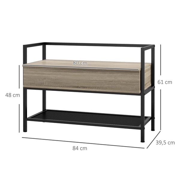 Hallbänk - Skobänk - Fällbart lock - Dolt fack - Gallerhylla - 84 x 39,5 x 61 cm - Ek