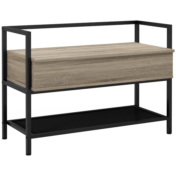 Hallbänk - Skobänk - Fällbart lock - Dolt fack - Gallerhylla - 84 x 39,5 x 61 cm - Ek