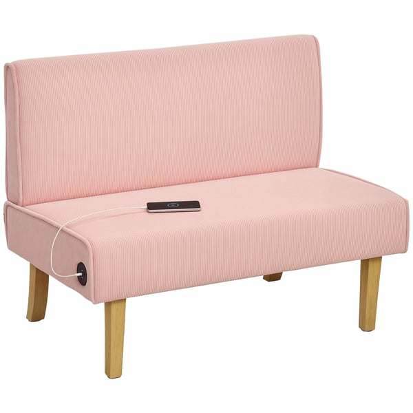 Soffa - 2-Sits - Manchesterklädsel - 2 USB + 1 Type‑C - Träben - Maxbelastning 240 kg - 110x62x85 cm - Rosa