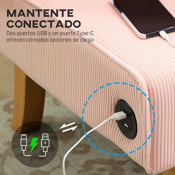 Soffa - 2-Sits - Manchesterklädsel - 2 USB + 1 Type‑C - Träben - Maxbelastning 240 kg - 110x62x85 cm - Rosa