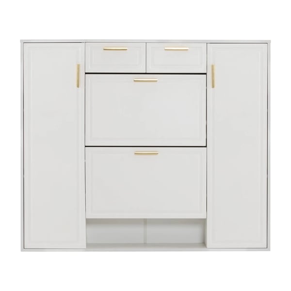 Skoskåp - Skoförvaring - Justerbara hyllor - Guldfärgade handtag - Över 10 fack - 2 dörrar - 120×24×107 cm - Vit Skoskåp - Skoförvaring - Justerbara hyllor - Guldfärgade handtag - Över 10 fack - 2 dörrar - 120×24×107 cm - Vit