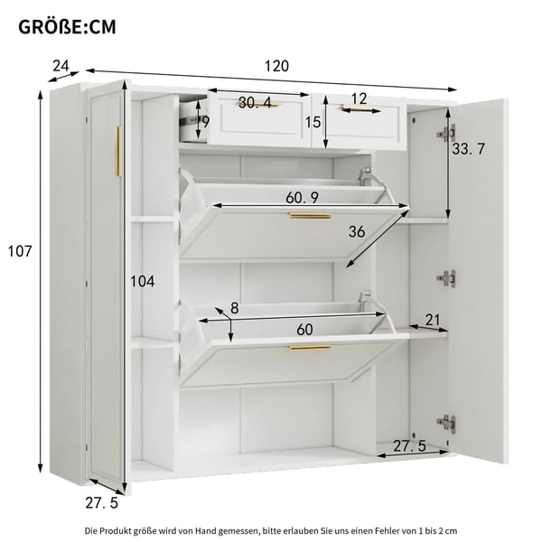 Skoskab - Skoreol - Justerbare hylder - Guldfarvede greb - Over 10 rum - 2 døre - 120×24×107 cm - Hvid