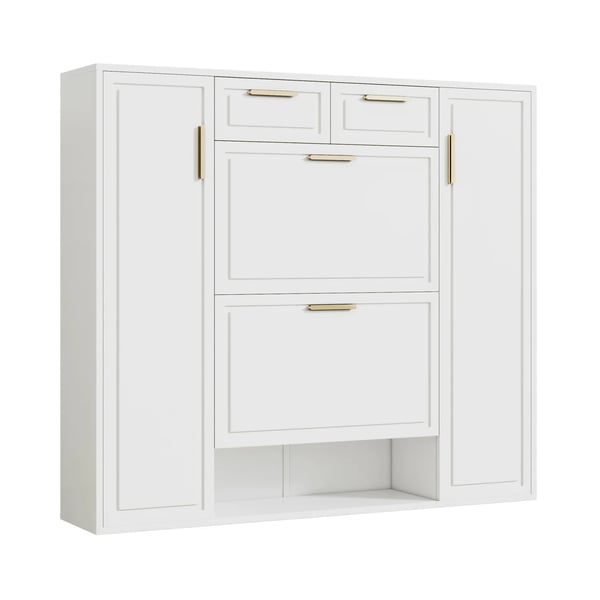 Skoskab - Skoreol - Justerbare hylder - Guldfarvede greb - Over 10 rum - 2 døre - 120×24×107 cm - Hvid