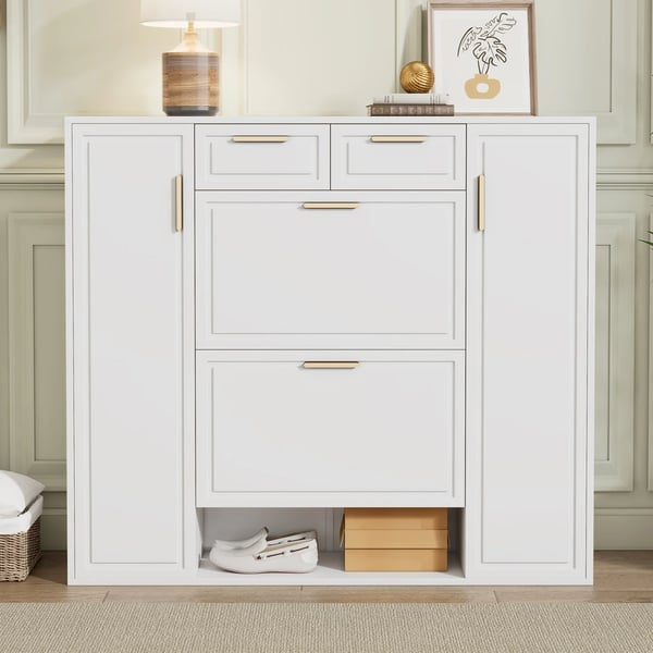 Skoskab - Skoreol - Justerbare hylder - Guldfarvede greb - Over 10 rum - 2 døre - 120×24×107 cm - Hvid