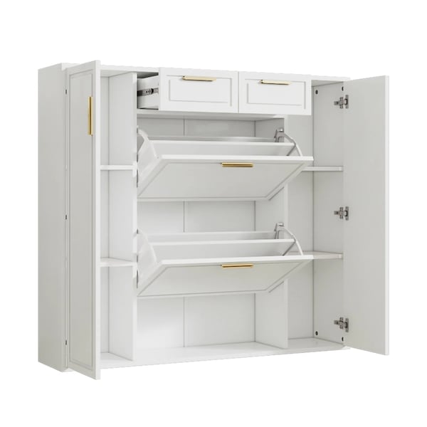 Skoskab - Skoreol - Justerbare hylder - Guldfarvede greb - Over 10 rum - 2 døre - 120×24×107 cm - Hvid