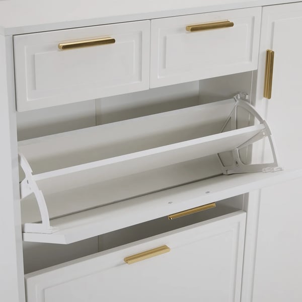 Skoskab - Skoreol - Justerbare hylder - Guldfarvede greb - Over 10 rum - 2 døre - 120×24×107 cm - Hvid